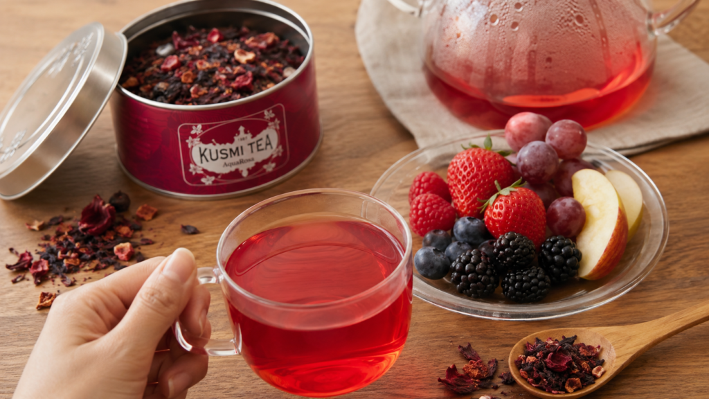 A hand holding a cup of vibrant red AquaRosa herbal tea beside the Kusmi Tea AquaRosa tin with fresh strawberries, raspberries, blackberries, blueberries, grapes, and apple on a wooden table.