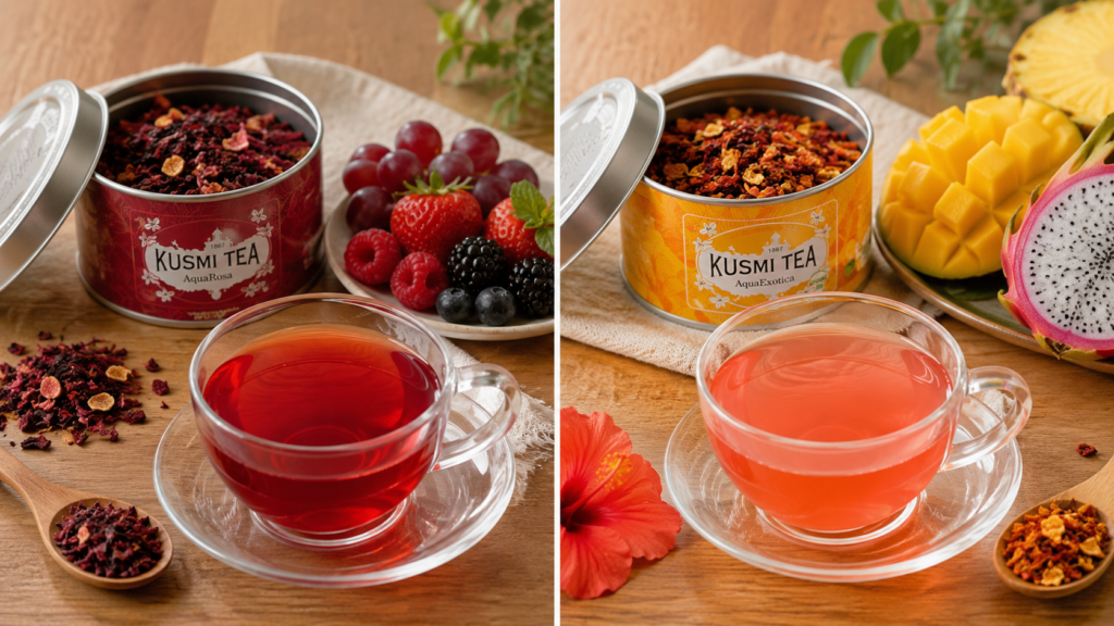 A side-by-side comparison of Kusmi Tea AquaRosa and AquaExotica herbal teas, featuring the authentic AquaRosa and AquaExotica tins with brewed tea, fresh mixed berries on one side and tropical fruits including mango, dragon fruit, and pineapple on the other.