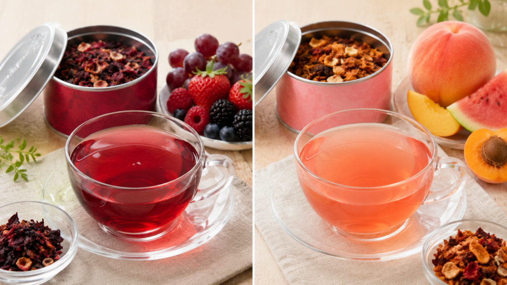 Side-by-side comparison of Kusmi Tea AquaRosa and AquaSummer herbal teas, showing a deep ruby-red berry tea with fresh berries on the left and a soft peach-colored fruit tea with peach, apricot, and watermelon on the right.