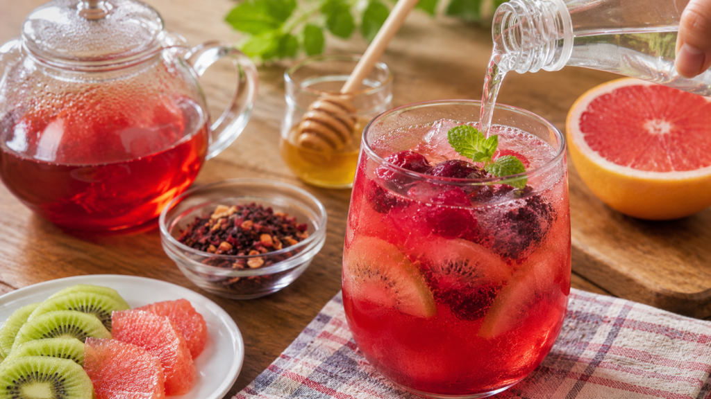 A realistic berry herbal tea mocktail served over ice with sparkling water, grapefruit, kiwi slices, frozen raspberries and blueberries, fresh mint, and honey on a wooden table in a cozy café-style setting.