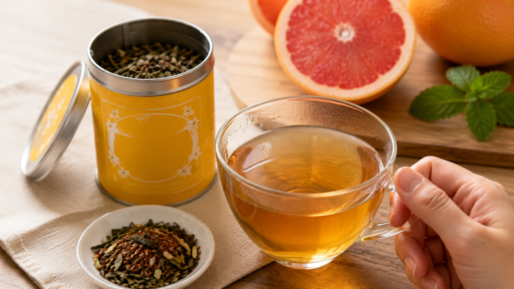 A realistic close-up of Kusmi Tea Expure Addict in its yellow tea tin beside a freshly brewed cup, with loose tea leaves, grapefruit, and mint on a wooden table, creating a fresh citrus tea atmosphere.