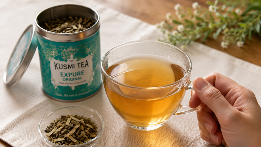 A hand holding a cup of Kusmi Tea Expure Original beside an opened tea tin with loose tea leaves, highlighting the fresh herbal and citrus aroma in a natural setting.