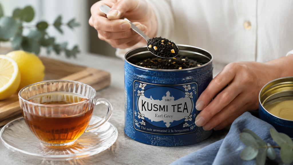 Hands opening a Kusmi Tea Earl Grey tin beside a cup of amber tea and loose black tea leaves on a wooden table.