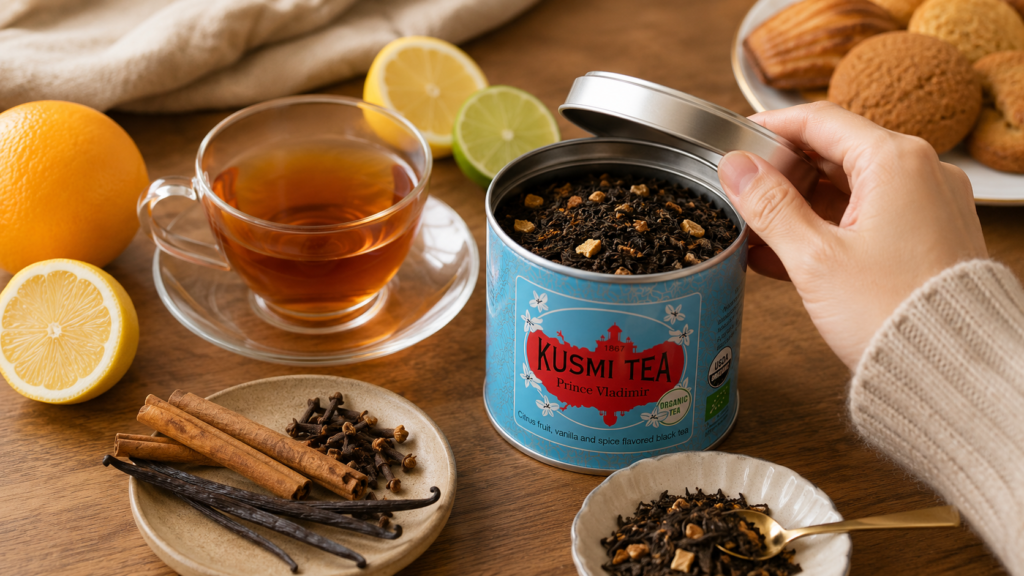 A hand opening a tin of citrus and spiced black tea beside a glass cup, orange, lemon, lime, cinnamon, cloves, vanilla, and baked cakes.