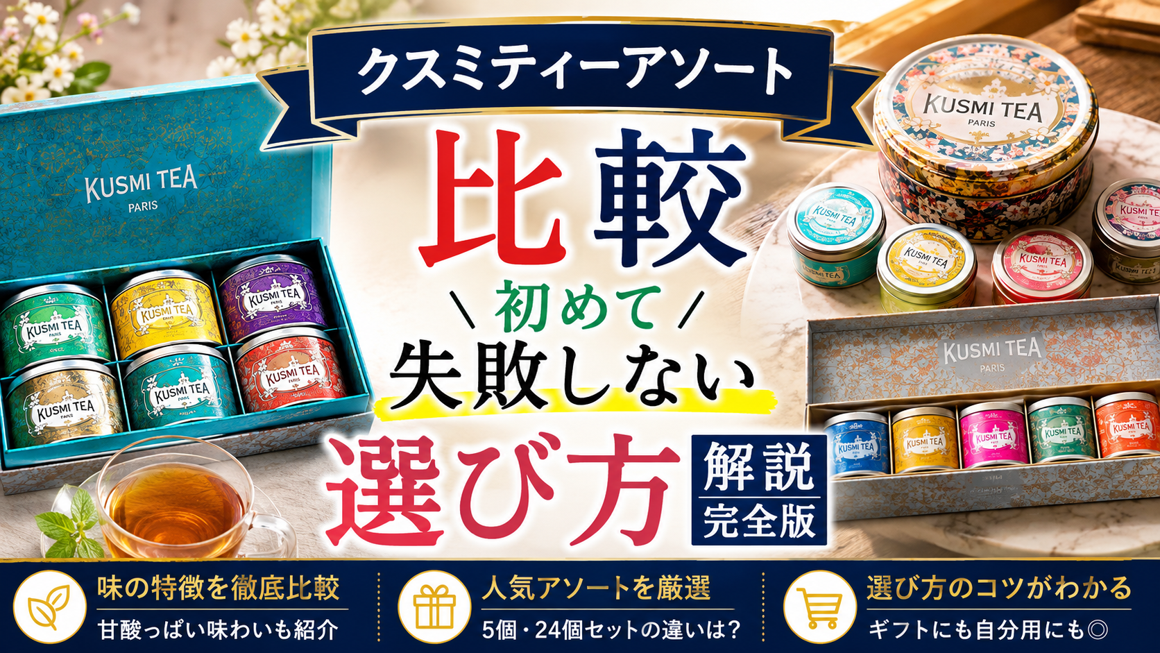 Colorful Kusmi Tea assortment gift sets and tea tins arranged around a cup of tea with a Japanese comparison guide title
